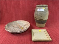 3 art pottery items vase bowl and tile.