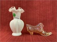 2 Fenton items shoe and silver tone vase 6”