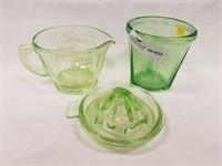 3 Unmatched green Depression Era glass,2 measuring