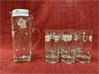 7 Pc Juice set with etched and painted flowers,