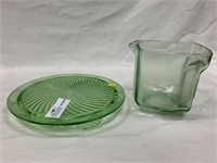 2 Unmatched Green Depression glass, footed cake