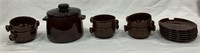14 pc Brown ware, 6 soup cups, 6 saucers, pot with