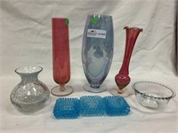 8 Unmatched pieces glass, 2 cranberry footed bud
