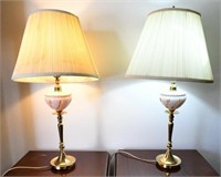 pair of brass and cased glass table lamps