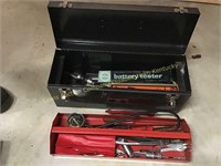 Metal tool box w/ cylinder hone, battery tester &