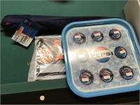 Pepsi serving tin, sale sign, camping stool & box