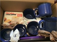Rival crockpot & 8 blue mugs, plastic plates