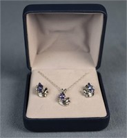 14K White Gold Blue Stone Necklace, Earrings