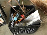 Crate w/ hacksaw, broken claw hammer & snips