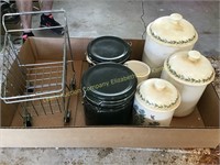 Ceramic containers, & small metal cart