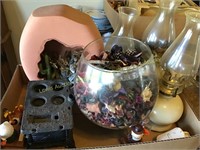 3 oil lamps, large glass bowl & cast iron mini