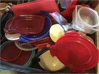 Plastic containers, lids, tea kettle