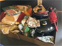 2 boxes w/ pot holders, dish towels & more
