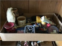 Box lot of small toys, clock & candle burners.