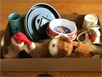 Stuffed dogs, clock & dog bowl