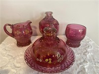 Enameled cranberry glass set