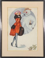 Xavier Sager "Woman & Snowman" Mixed Media Drawing