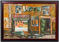 Mid-Century Modern "Cats in Street" Russian Oil