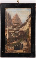 Illegibly Signed "Mountain & Temple" Oil on Canvas