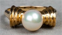 Mid-Century Modern 14K Yellow Gold Pearl Ring