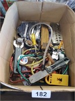 BOX OF BUNGE CORDS, WRENCHES, SCRAPERS, ETC