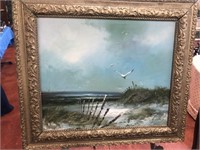 Seascape Painting on Canvas, Gilded Frame, Signed