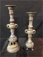2 Candle Sticks Brass and Enamel