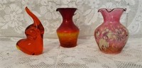 3 Piece Vintage lot Cranberry Vaseline Glass