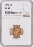 Coin 1878 U.S. $3 Gold Certified NGC AU55