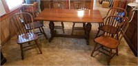 Vintage English Pub Solid Oak Table & 6 Chairs