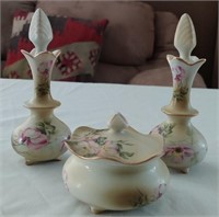 D - HAND PAINTED NIPPON DECANTERS & COVERED DISH