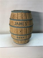 Vintage papier-mâché barrel bank James Bank James