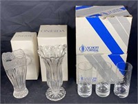 12 Schott Crystal Glasses & 2 Oneida Vases