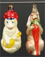 A ACT AND A BUNNY BLOWN GLASS ORNAMENTS