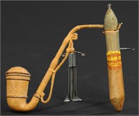 DRESDEN CLAY PIPE CANDY CONTAINER AND A CIGAR