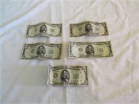 Five $5 Dollar Bills (1950)