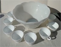 D - MILK GLASS PUNCH BOWL WITH 8 CUPS