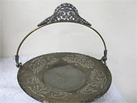 Ornate Four Footed Metal Plate With Handle-9.5"dia