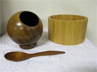 Wooden Peanut Container With Spoon & Wooden Bowl