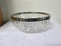 Heavy Cut Glass Bowl With Metal Rim