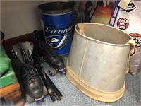 SKATES, TRASH CAN AND BUCKET