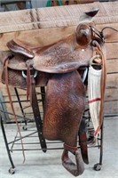 Fully Carved Double Rig Roping Saddle, 15" Seat
