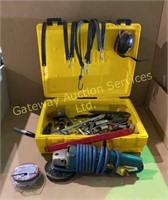 Box of Assorted Tools, Grinder, Bungee Cords