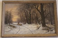 Original antique  art Winter scene