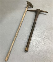 Vintage pick axe & grain rake
