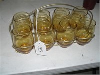 8 GLASSES WITH BRASS CADDY