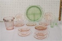 Pink and green depression glass