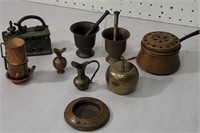 Group of copper and brass items mortar and