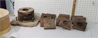 house trim pieces, wooden pulley, cheese box