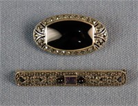 2 Sterling Silver & Marcasite Brooches